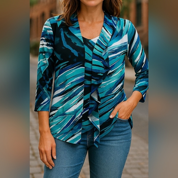 ClaraSun Woo - Multi Colored, 3/4 Sleeves, V-Neck, Ruffle Down Front, Size S - Picture 1 of 7